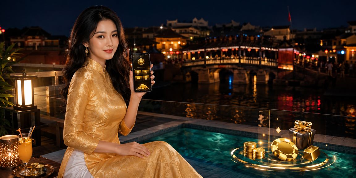 Người phụ nữ mặc áo dài trải nghiệm ứng dụng casino bên phố cổ Hội An